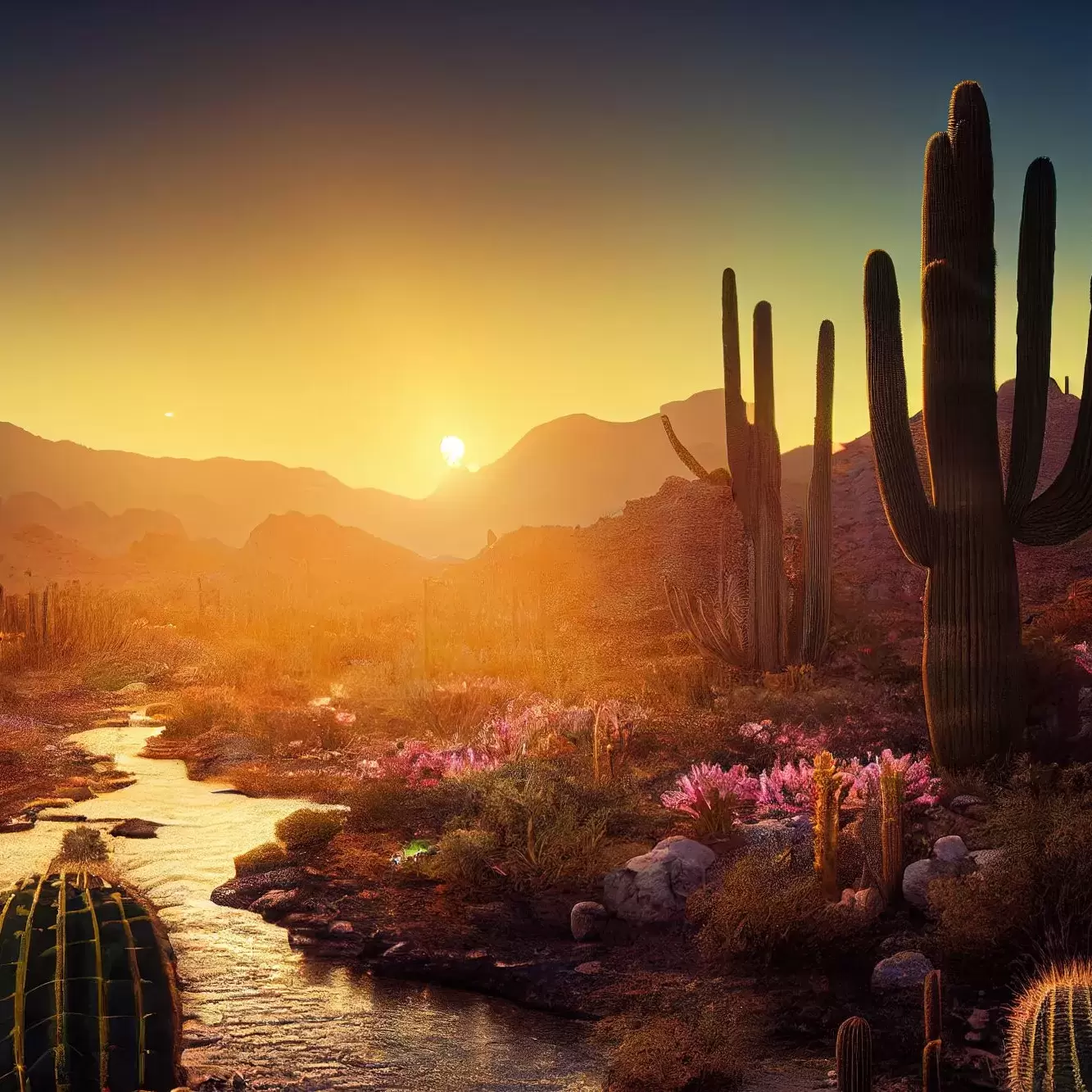 A sunset desertscape with saguaro and prickly pear cacti and a stream running through.
