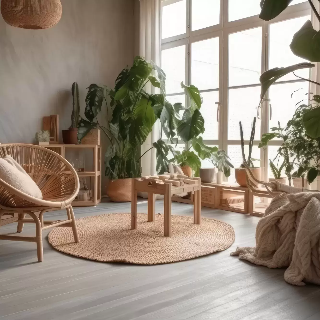 An apartment where furniture is cohesive to 2023's interior design trends and many plants.